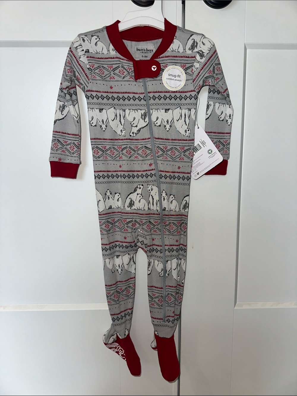 Burt's Bees Baby Red & Gray Polar Bear Print Snug-Fit One-Piece.  Size 6-9 month